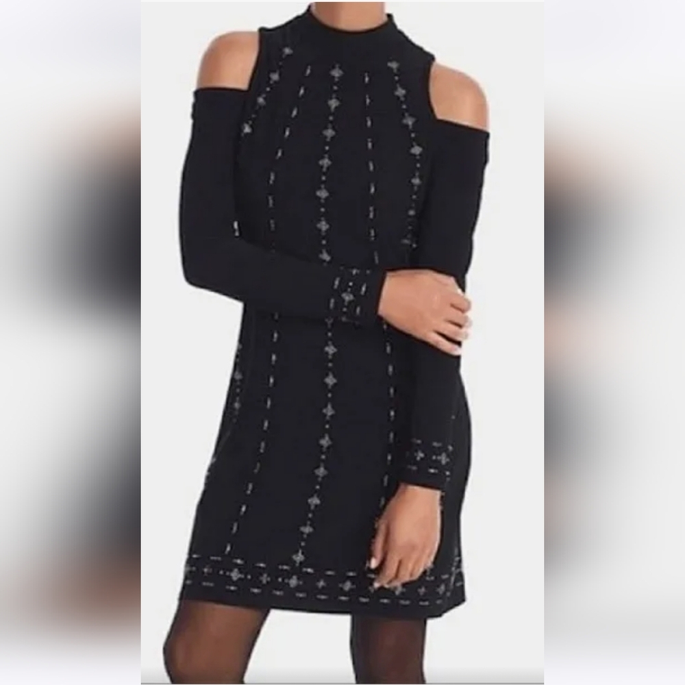 WHBM Embellished Beaded Cold Shoulder Bodycon Mini Dress Black XS, NWOT